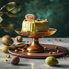 Elegant pistachio cake on a gold stand surrounded by pistachios and leaves perfect for dessert menus and gourmet food blogs