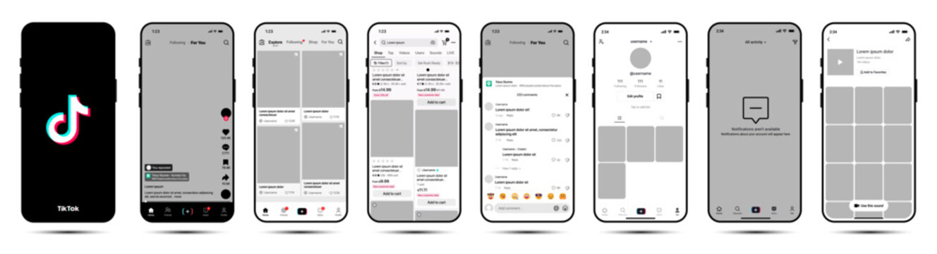 TikTok app UI mockup screens on smartphone | For You, Explore, Shop, Profile, Notifications, Comments, Activity.