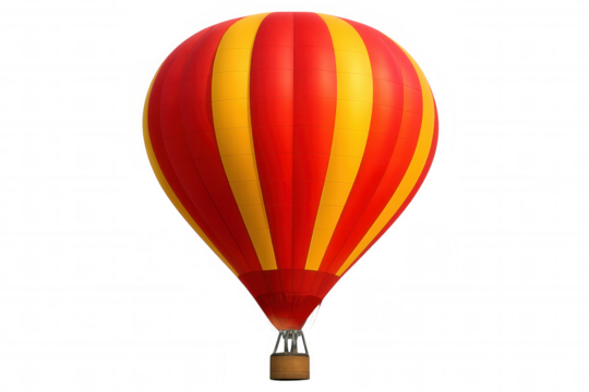 Colorful hot air balloon with red and yellow stripes soaring against a transparent background, ready for compositing into various projects - Powered by Adobe