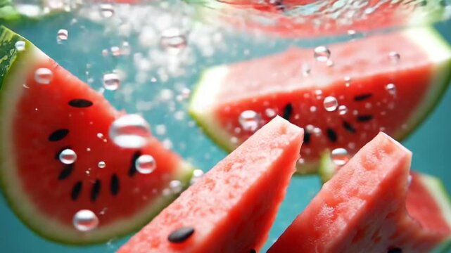 Watermelon slices fall under the water. Filmed on a highspeed camera at 1000 fps. High quality FullHD footage