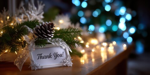 Festive thank you card placed on a wooden table surrounded by pine branches and twinkling lights