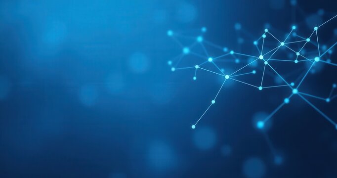 Abstract blue background with a futuristic digital network of glowing nodes and connecting lines, representing global technology and data communication