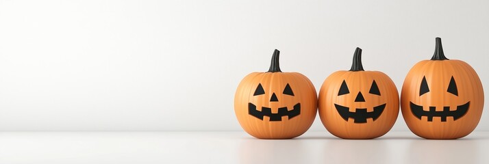 Three carved jack-o'-lanterns with smiling faces on a white background celebrating halloween