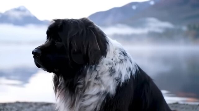 Black and white newfoundland dog outdoors