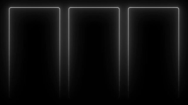 a looping motion graphic of three blinking bright white neon vertical frames on a black background for graphic design, advertisement, branding, trailers intro, outro.