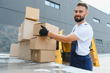 Courier arranging cardboard boxes on top of delivery van