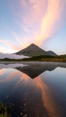 Misty mountain reflected in calm lake at sunrise