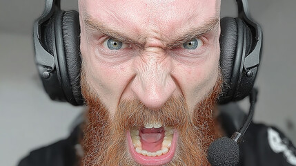 Intense gamer reacts during an online match in a dimly lit gaming room while wearing a headset