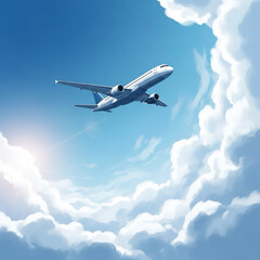 Obraz premium Illustration of airplane flying through clouds, clean blue background