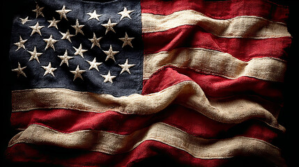 Waving American flag with thirteen stripes and fifty stars on a dark background