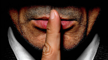 Man holding finger to lips in gesture of silence, showcasing a secretive moment at a dimly lit location