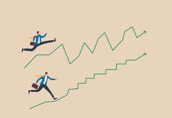 Career path or work successful ladder, investment volatility stairs or business strategy graph concept, businessman walking up stairs graph, one with smooth rising up and other on volatile path. 