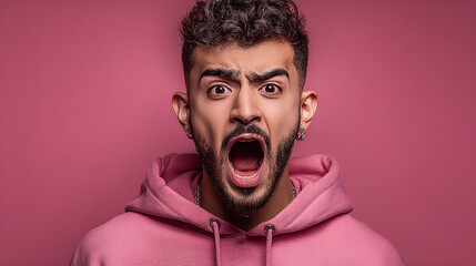 Man expressing intense emotion while shouting in a pink setting during a creative photo shoot