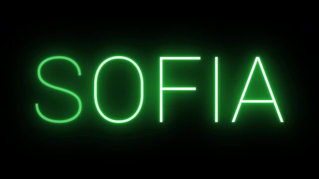 Flickering neon green Sofia sign animated on black background.
