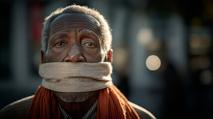 Man with a gag in a public space during the afternoon highlighting social issues and awareness