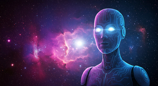 Artificial intelligence glowing robot illustration background