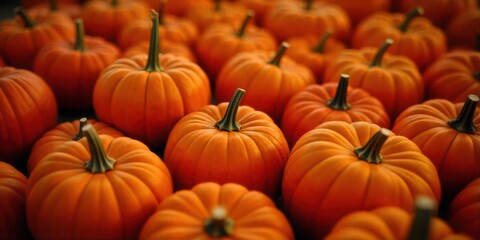 A vibrant display of freshly harvested orange pumpkins, filling the frame in a celebration of autumnal bounty and seasonal tradition