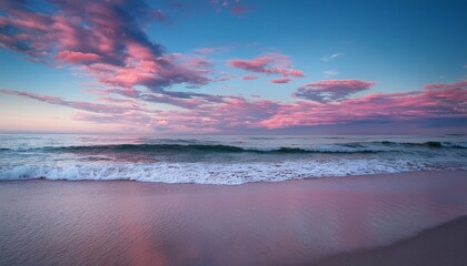 Gentle Waves Wash Over A Pink Hued Beach Under A Breathtaking Sky Filled With Colorful Clouds At Dusk