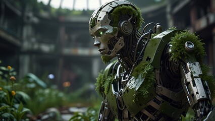 Cinematic Android with Plant-Filled Head in Misty Ruins