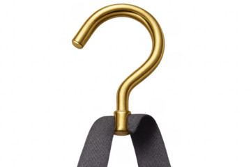 Golden metallic hook holding dark gray ribbon on transparent background