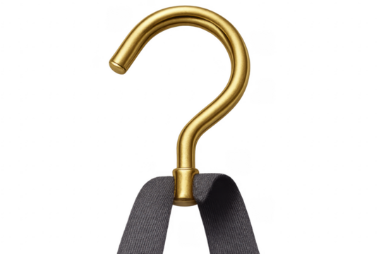 Golden metallic hook holding dark gray ribbon on transparent background