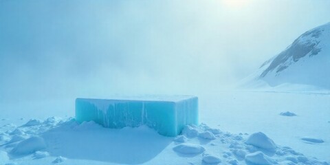 Blue block of pure glacial ice sits isolated in a vast, frozen arctic wilderness under a cold, misty sky