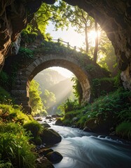 Sunlight streams through ancient arch bridge over a tranquil river. Lush greenery surrounds the scene