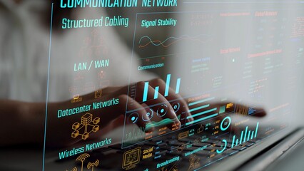 Data center monitoring dashboard visualize network performance, connection status, usage rate, and...
