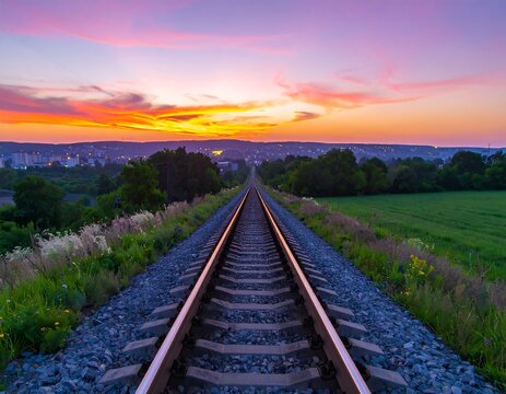 Railway tracks stretching into a vibrant sunset over a town - Powered by Adobe