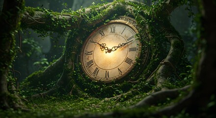 Naklejka premium A glowing clock with roots growing around it, symbol of nature and time.