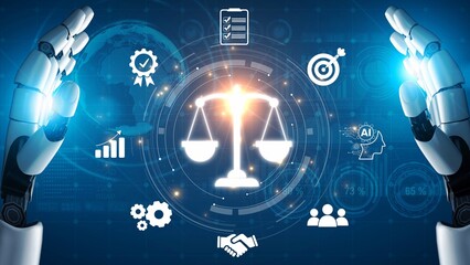 Futuristic digital law interface displaying justice scale, highlighting digital law, AI compliance,...