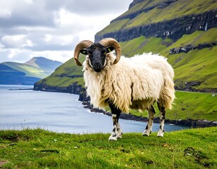 Sheep on grassy cliff overlooking ocean, dramatic mountains