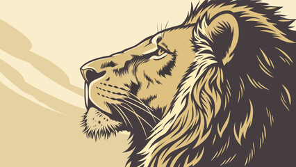 Illustration of a golden lion head in profile with detailed mane against a light beige background