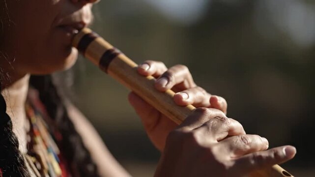 Close-up view of a person playing the flute outdoors, showcasing musical skill and serene expression in natural sunlight
