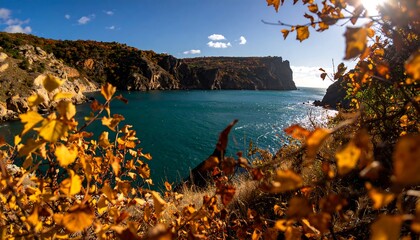 Autumnal coastal view through foliage