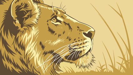 Illustration of a lion's head in profile with golden hues and grass in the background art design