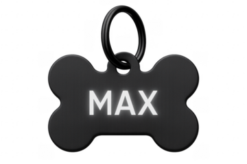 Black Bone Shaped Pet Tag with Name Max on Transparent Background