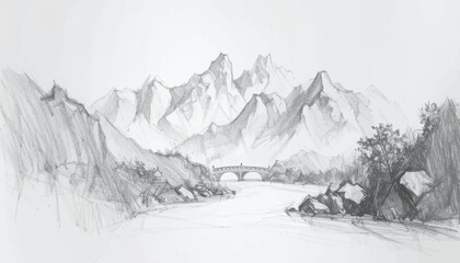 Obraz premium Mountain bridge, river sketch art. Pencil art of river, distant mountains. Serene mountain river with arching bridge. Pencil drawing of river with mountain. Rural river bridge with distant mountains