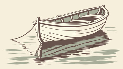 Illustration of a small boat floating on water with reflections and a rope tied to the dock