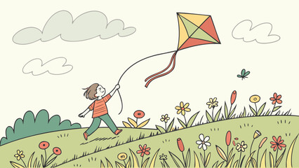 A child runs across a grassy field flying a kite with clouds and a butterfly in the sky on a sunny day