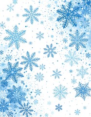 Light-blue snowflakes, various sizes, against a white background with subtle, light-blue speckles, in a vertical design