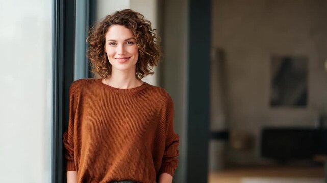 Natural Radiance: Captivating woman with a genuine smile, stands casually by a window, illuminated by soft, natural light, creating a serene and inviting atmosphere.