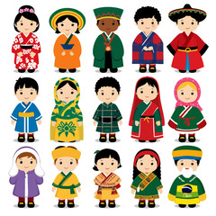Illustrated children wearing diverse traditional costumes, representing global cultures in colorful, charming chibi characters.