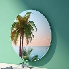 Tropical palm tree reflected in a round mirror creating a serene vacation vibe ideal for bathroom decor or coastal living concepts