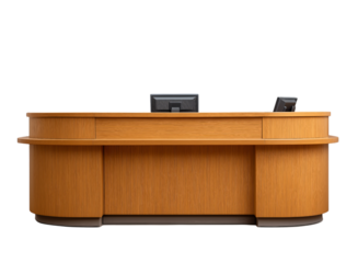 Modern Wooden Reception Desk with Computers front desk isolated on a transparent background