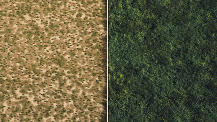 Climate Change Before and After Aerial View Split Image Drought Lush Greenery Environmental Impact 3d illustration