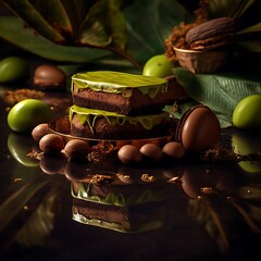 Elegant chocolate cake with matcha glaze surrounded by green apples and cocoa beans a gourmet dessert presentation