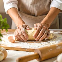 Close-up of hands kneading dough on a wooden board, flour scattered around