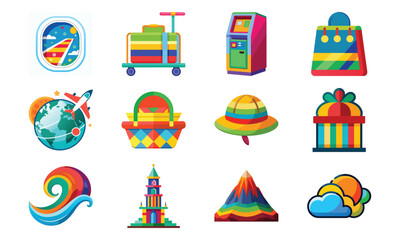 Colorful Travel and Lifestyle Vector Illustration Set &ndash; Airplane Window, Luggage, ATM, Shopping Bag, Globe, Picnic Basket, Rainbow, Gift Box, Waves, Tower, Mountain, and Cloud Icons on White Backgrou