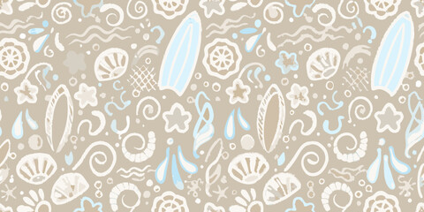 Seamless hand drawn pattern with surfboards shells and water drops in pastel colors